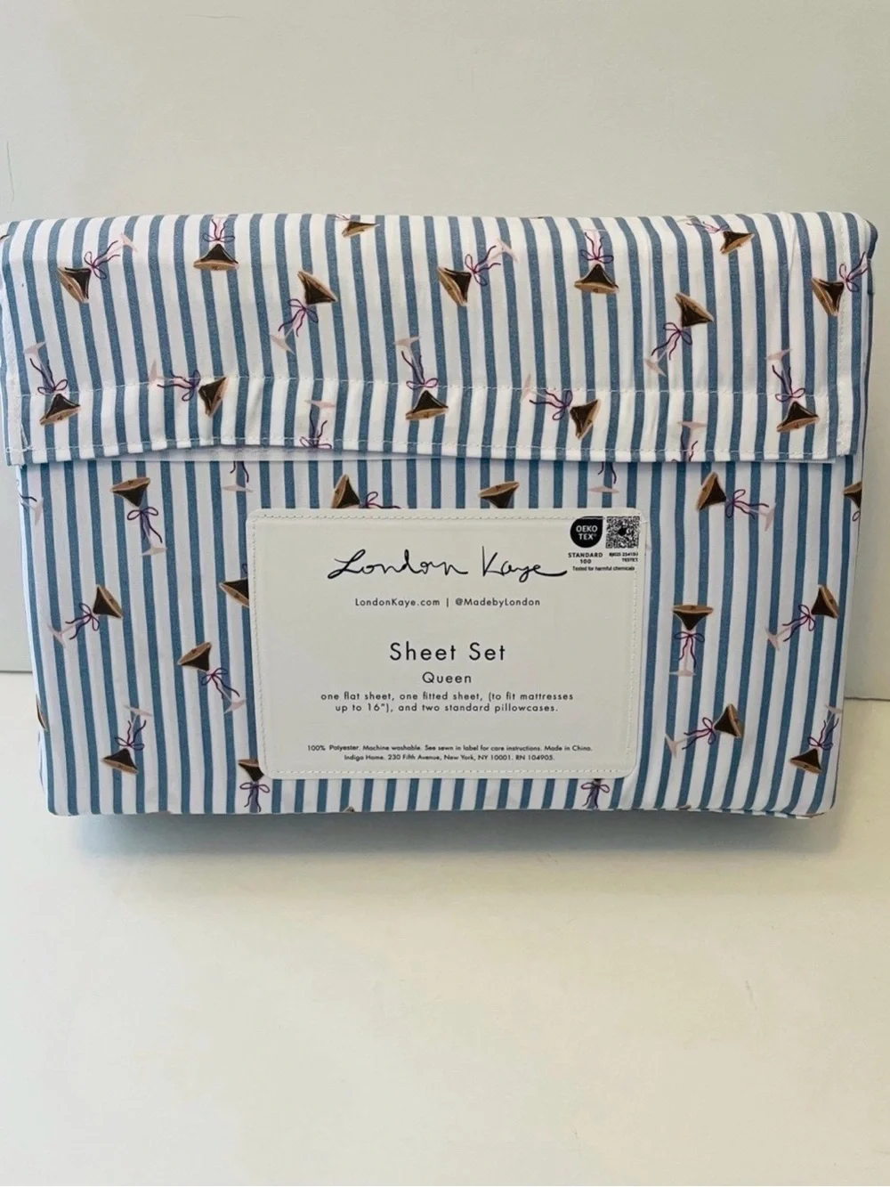 London Kaye Queen Size Sheet Set Mini Stripe Cafe Espresso Martini Glasses Bows